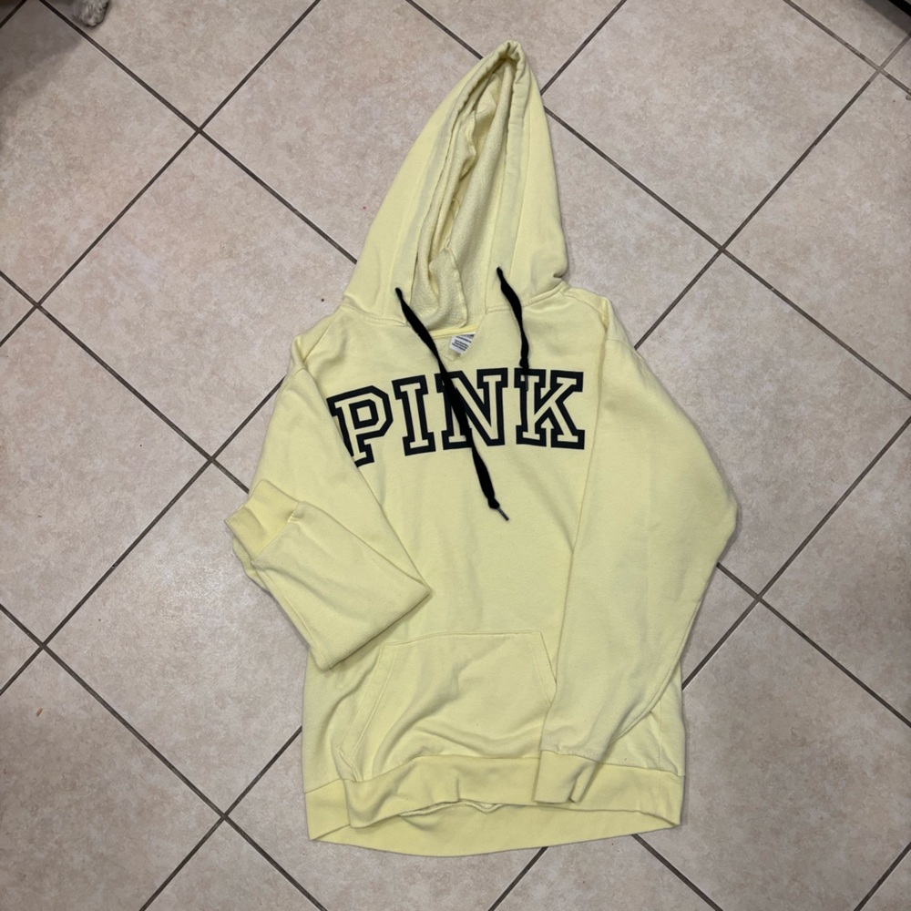 PINK Victoria's Secret Light Yellow Hoodie with Black Lettering